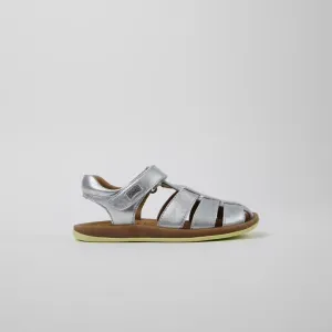 Camper: Bicho Leather Velcro Sandals Rebound - Silver